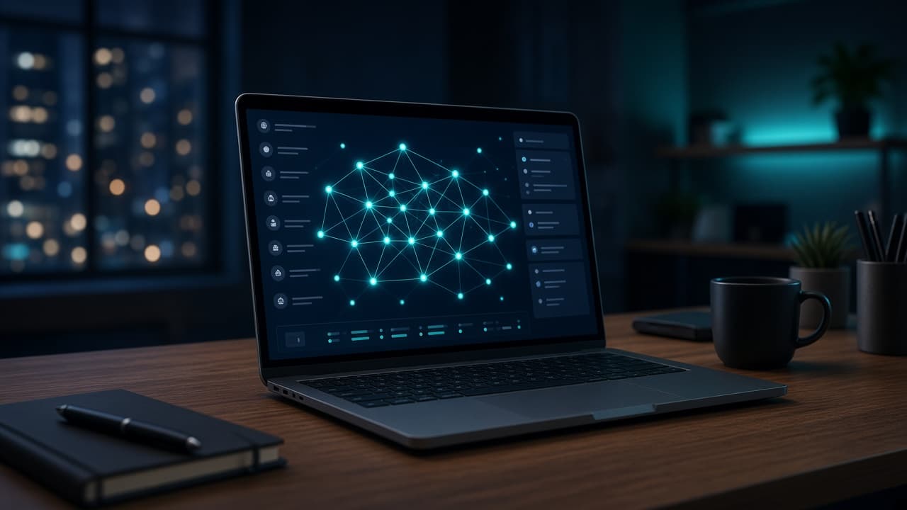 Laptop on a desk showing an AI product interface with connected nodes