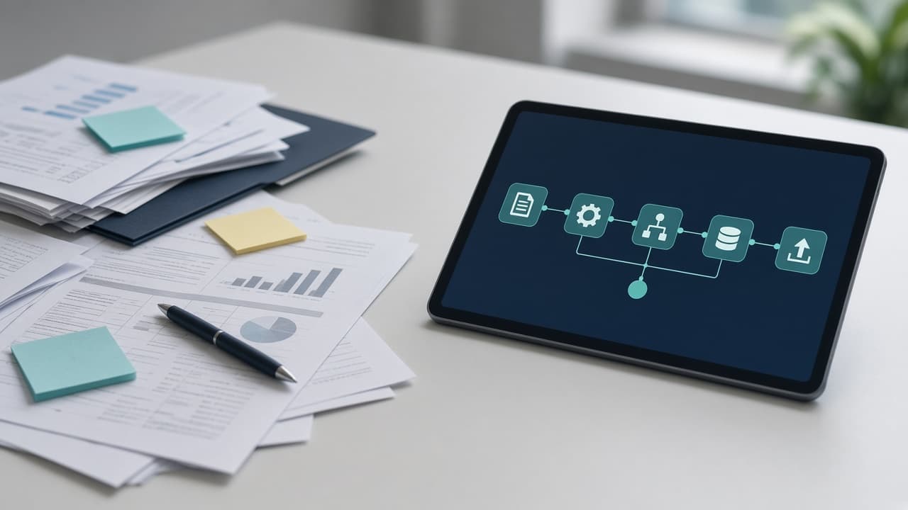 Paper notes beside a tablet showing an automated workflow diagram