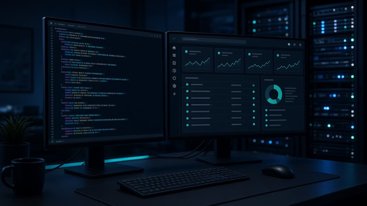 Dual monitors with a terminal and API dashboard in a dim engineering room