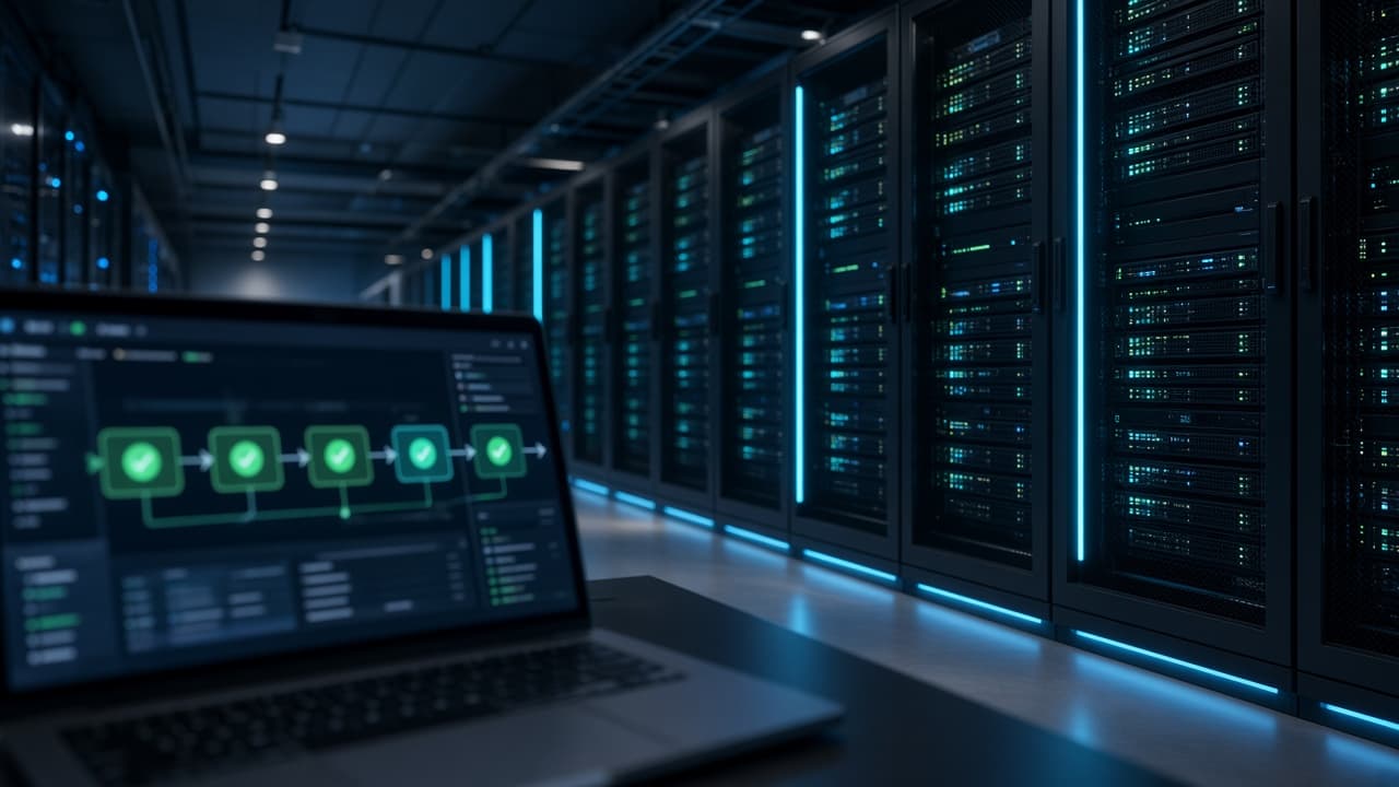 Server racks and a laptop showing a cloud deployment pipeline