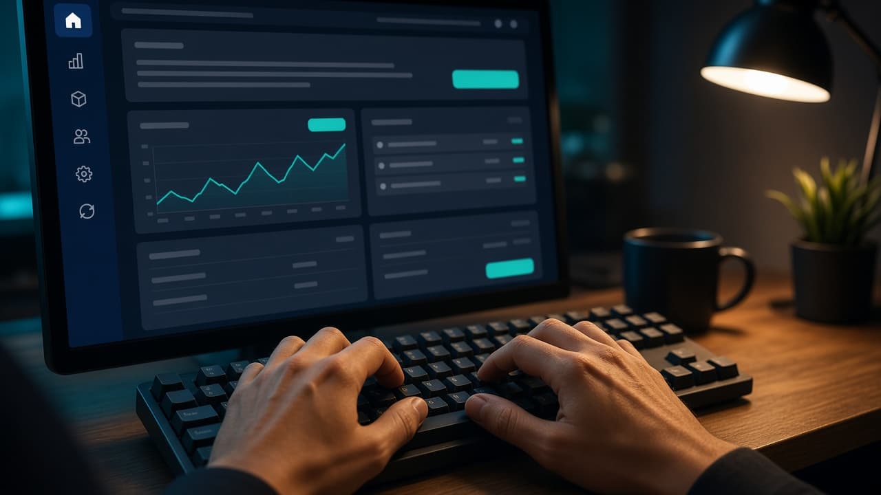Hands typing at a keyboard with a custom business application on screen