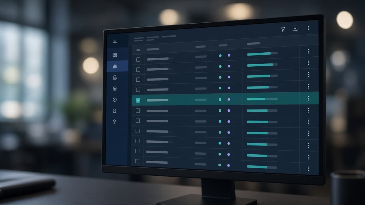Monitor displaying a structured database application with highlighted records