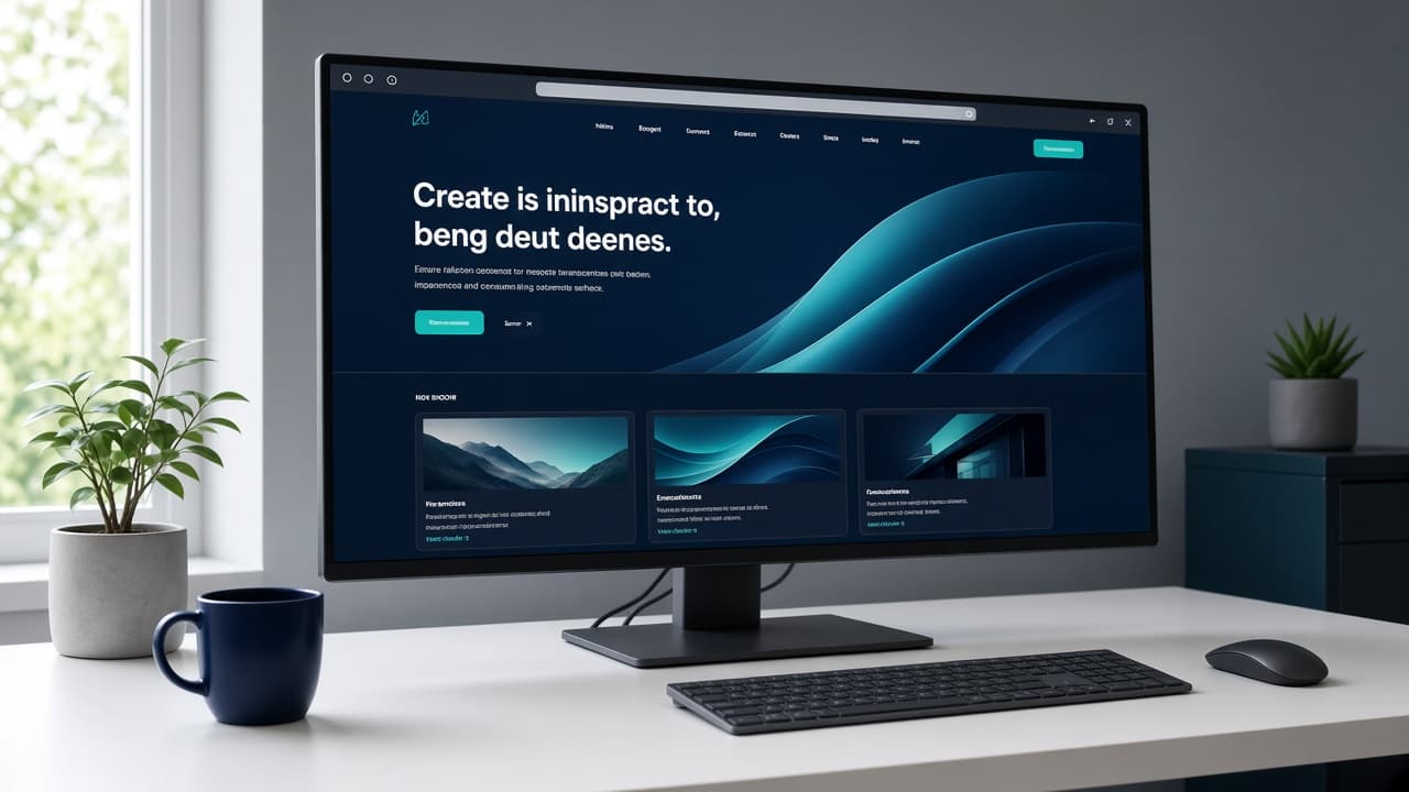 Ultrawide monitor showing a modern website layout in a bright studio